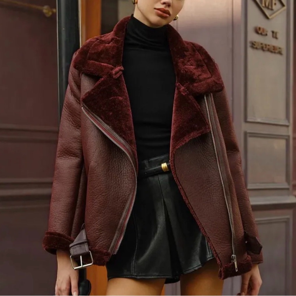 Commense Burgundy Teddy Jacket With Shearling Trim